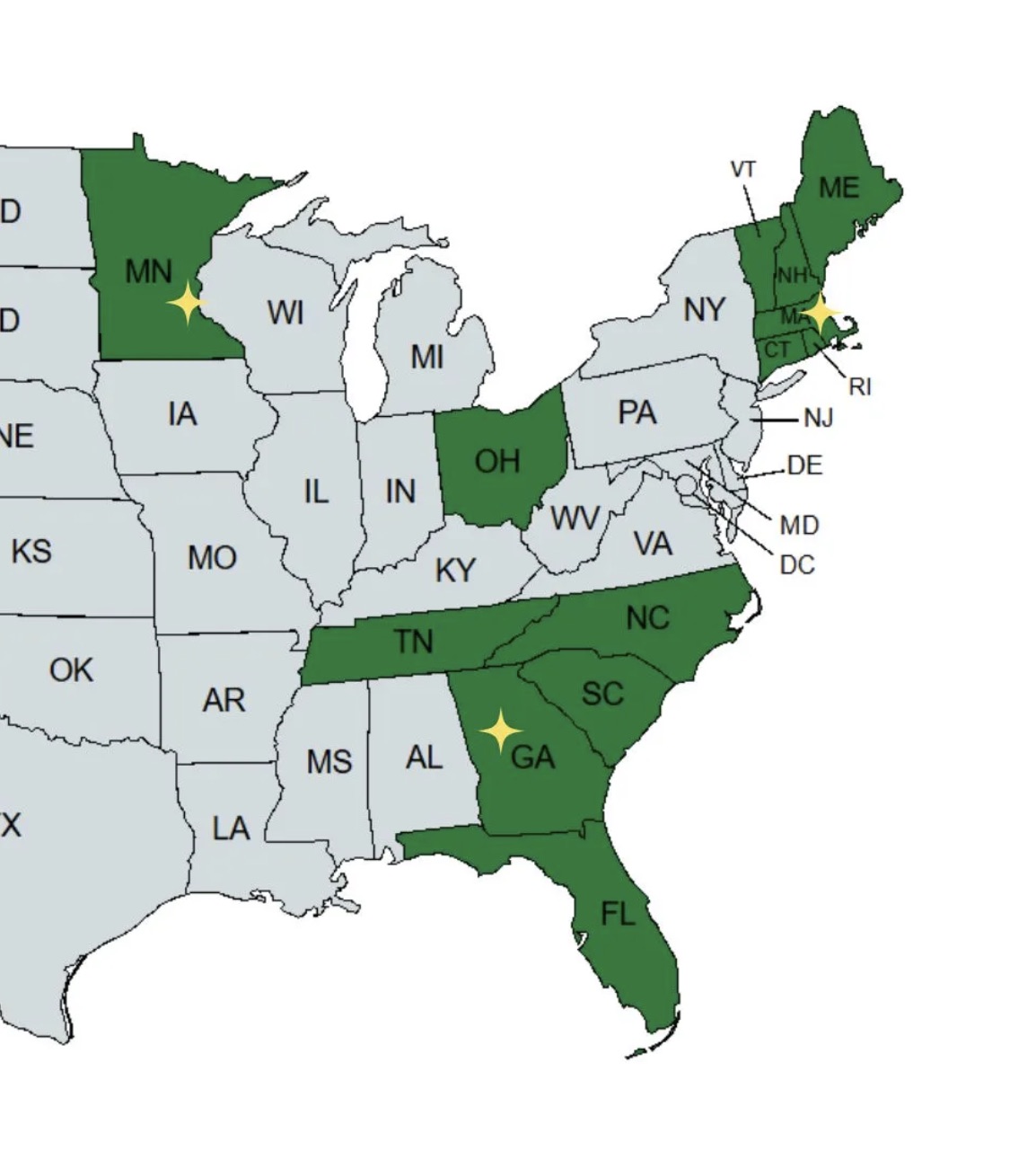 Map showing CopelandBEC service area across the United States with offices in Boston, Atlanta, and Minneapolis