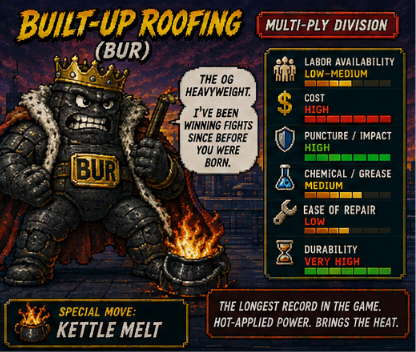 Pixel-art fighter card for Built-Up Roofing wearing a crown, showing very high durability, high cost, and low ease of repair