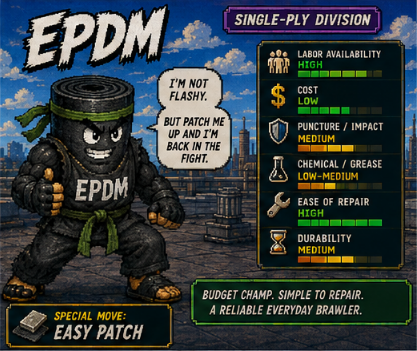 Pixel-art fighter card for EPDM roofing membrane showing low cost, high labor availability, and high ease of repair