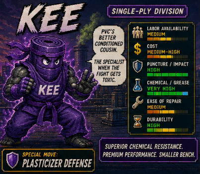 Pixel-art fighter card for KEE roofing membrane showing very high chemical resistance and high durability with only medium labor availability