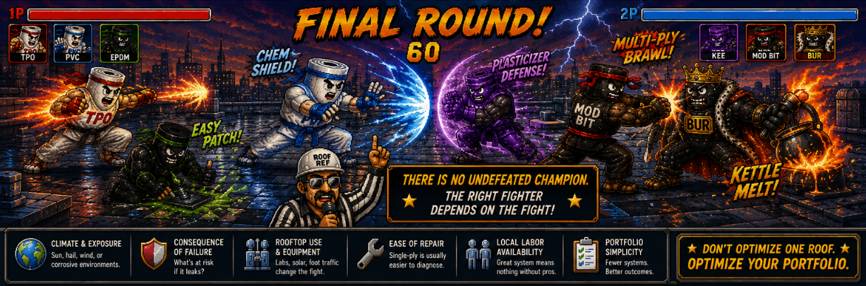 Pixel-art Final Round scene with all six roof fighters and a summary of selection factors: climate and exposure, consequence of failure, rooftop use, ease of repair, local labor, and portfolio simplicity