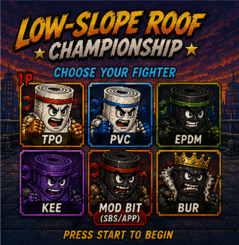 Retro arcade character select screen titled Low-Slope Roof Championship, with TPO, PVC, EPDM, KEE, Mod Bit, and BUR as the fighters