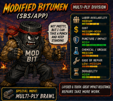 Pixel-art fighter card for Modified Bitumen SBS and APP roofing showing high puncture and impact resistance and high durability