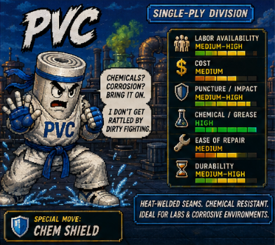 Pixel-art fighter card for PVC roofing membrane showing high chemical and grease resistance and medium-high durability