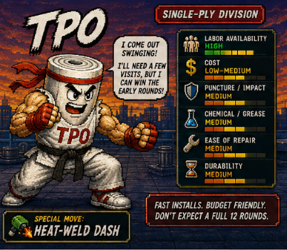 Pixel-art fighter card for TPO roofing membrane showing high labor availability, low-to-medium cost, and medium scores for impact, chemical resistance, repair, and durability